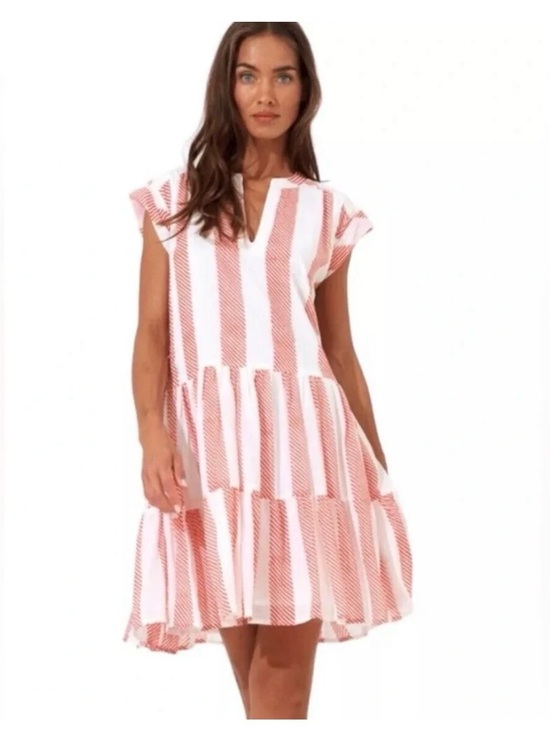 Oliphant Dresses & Skirts - Oliphant NEW Coral and White Striped Tiered Mini Dress XL